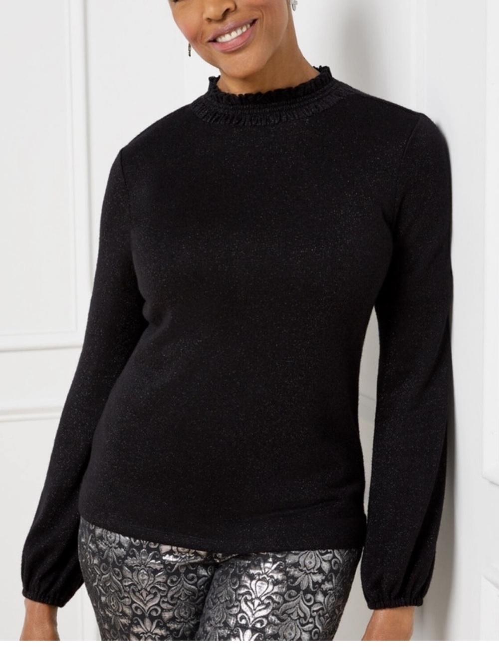 NEW Talbots Black Sparkle Smocked Neck Blouse